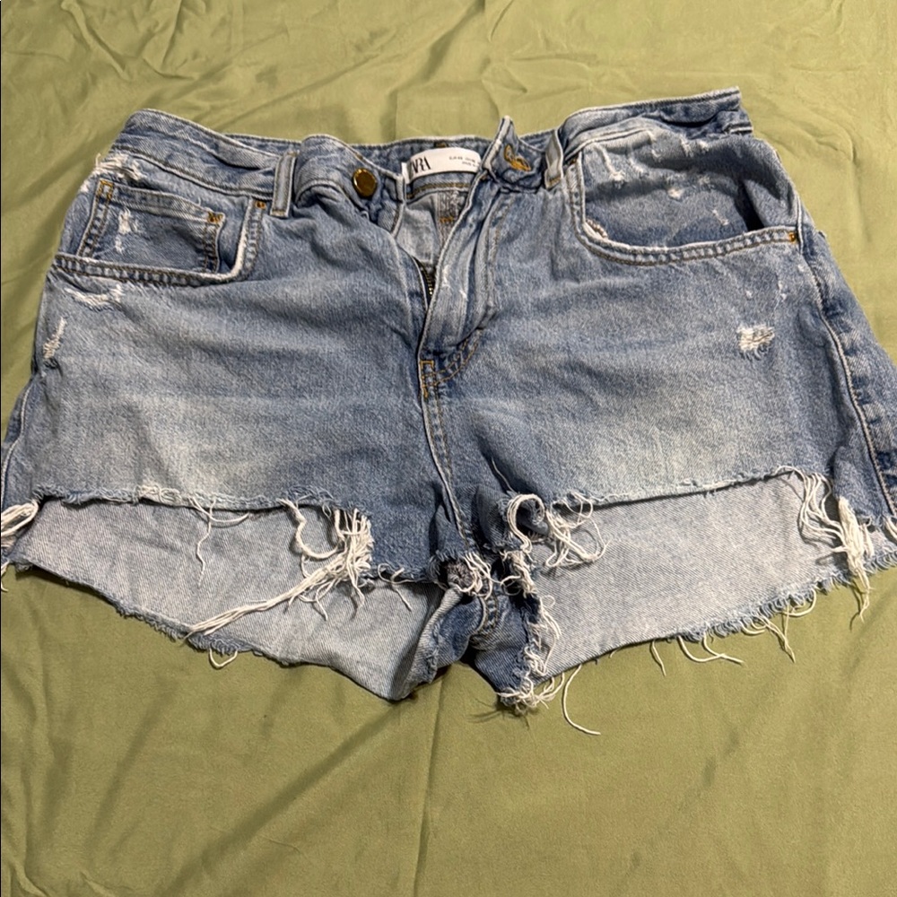 Zara Distressed Blue Denim Shorts